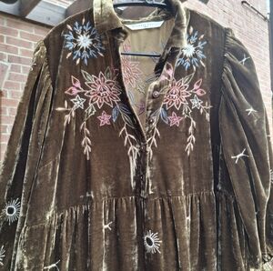 Wayward Fancies Collared Floral Embroidered Velvet Dress- Size In Description